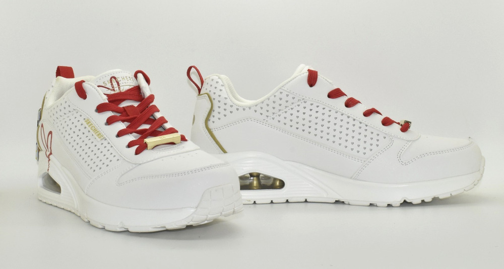 A8 NWT SKECHERS X JGOLDCROWN Street Uno Lone Hearted White Red Sneakers Size 8.5